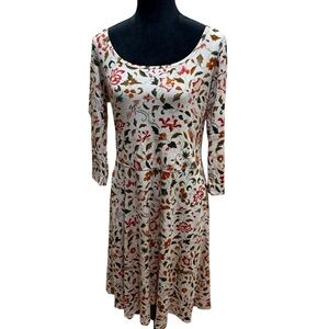 Peruvian Connection Floral Bird Print 3/4 Sleeve Jersey Midi Dress Sz Large